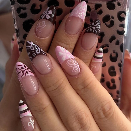 24pcs Pink French Fake Nails Flower Stripe Printed Almond Press on Nails Summer Simple Fake Nail Tips for Girl Women Wearable