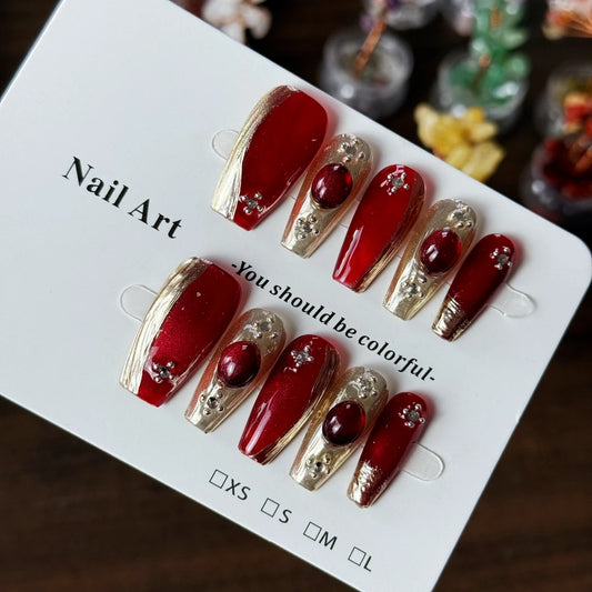 10pcs high-end Bucherati, retro and light luxury, with sparkling wine red cat's eyes handmade fake nails