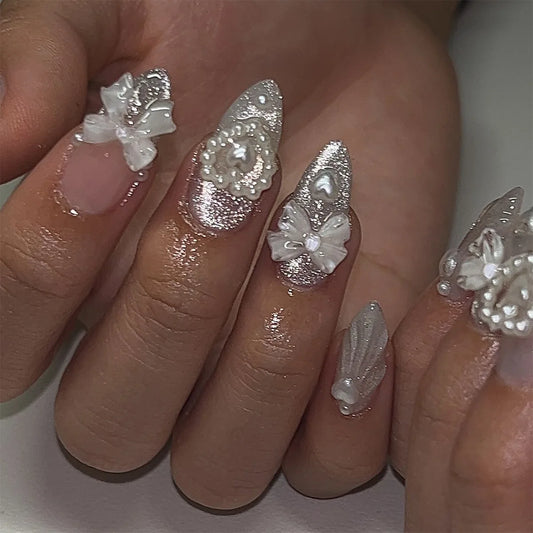 24pcs Rhinestone Pearl Press on Nails Tips Gradient Cat's Eye Long Almond False Nails Silver French Love Design Fake Nail Sets
