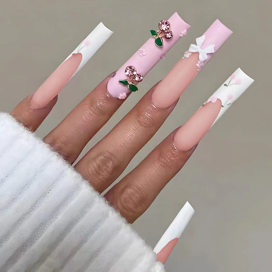24Pcs Long Square Head French Fake Nails Pink Line Shiny Powder Press on False Nails Art Wearable Finished Full Cover Nails Tips