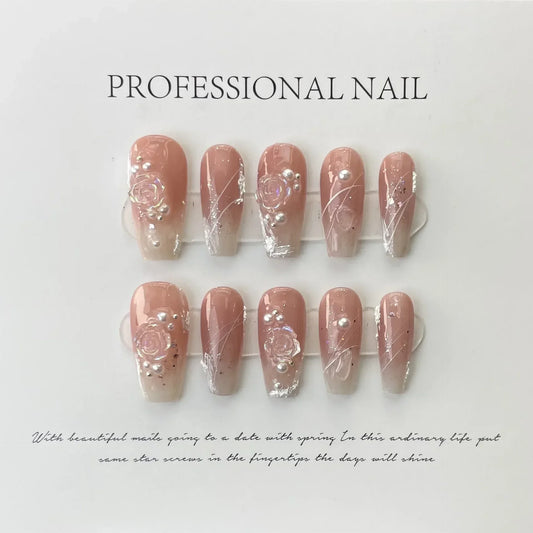 10Pcs Handmade  French Nails Set Press On  Flower Diamond Decoration Fake Nails Full Cover Removable Manicuree  XS S M L Size