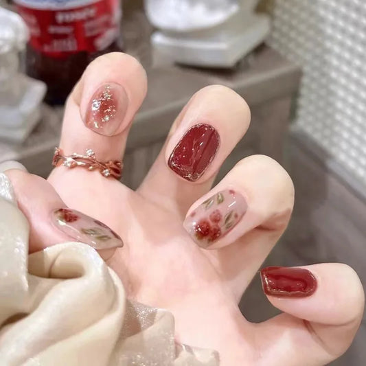 24pcs Short Square Press on Nails Tips Red Ballet False Nails Art Flower Design Stick on Nail Sets Wearable Glitter Fake Nail