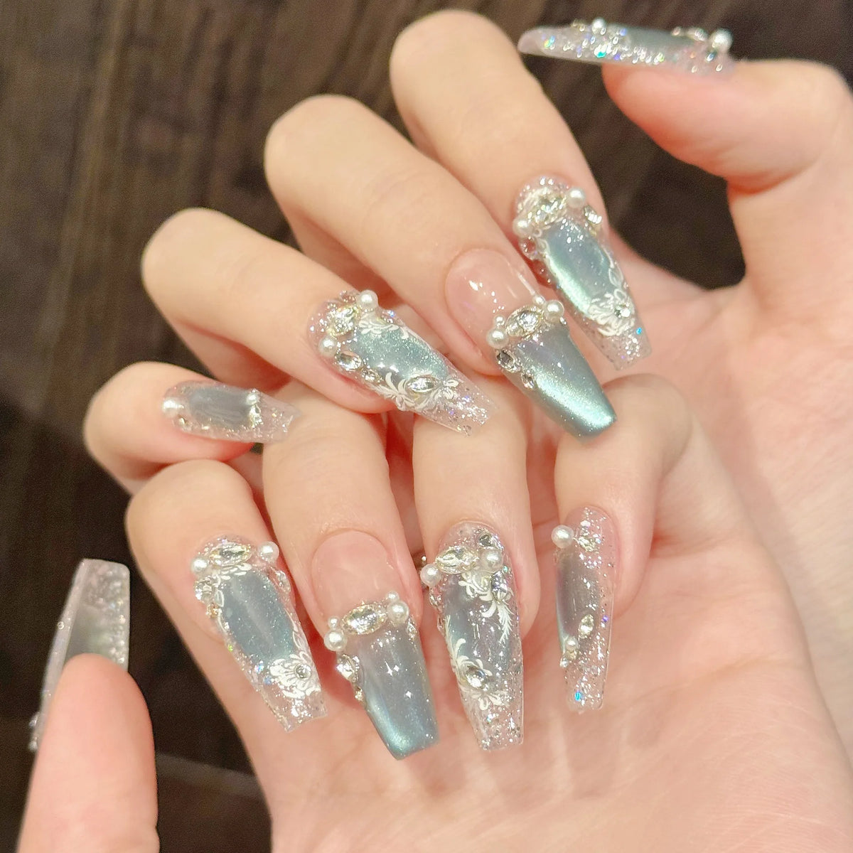 10pcs Handmade Press On Nails Ice Transparent Blue Crystal Cat's Eye False Nails Pearl Flash Sequins Rhinestone Decor Fake Nail