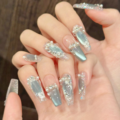 10pcs Handmade Press On Nails Ice Transparent Blue Crystal Cat's Eye False Nails Pearl Flash Sequins Rhinestone Decor Fake Nail