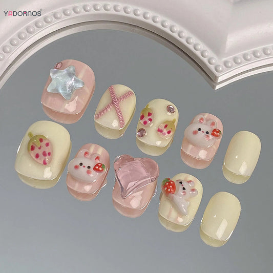 Handmade Fake Nails Pink Strawberry Cute Rabbit Diamond Designed Short Round Press on Nails for Women Girls Daily DIY Manicure