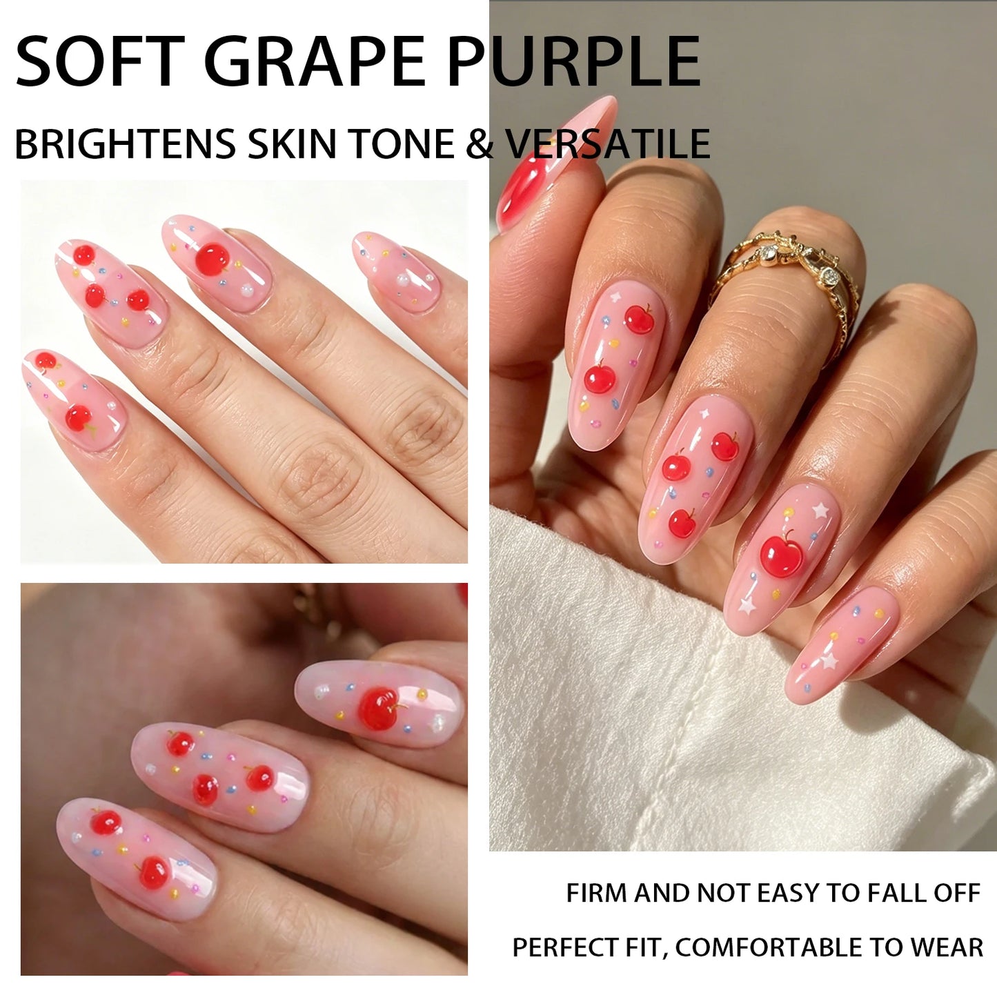 150Pcs Ombre Pink Apple Soft Gel Fake Nail Tips Star Polka Dot Print Almond Press On Nails Summer Fruit Theme False Fingernails