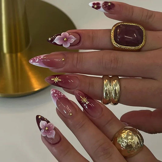 24pcs False Nails Almond with Flower Starlight Design Fake Nail Gradient French Long Press on Nails Finished Fashion Manicure