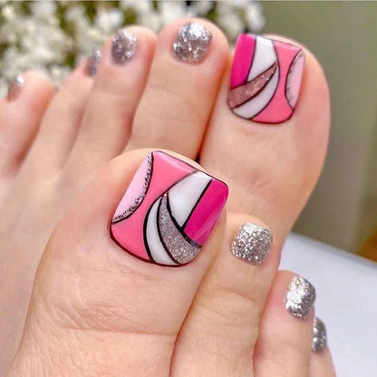 Simple White French Artificial Toenails Shiny Rhinestones Toe False Nails with Glue Wearable Short Flat Shape Fake Toenails