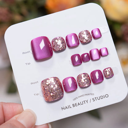 14pcs Glossy Fake Toenails With Sequins Pitaya Color Cat Eye Foot Fake Nails Wearable Glitter Short Square False Toe Nails