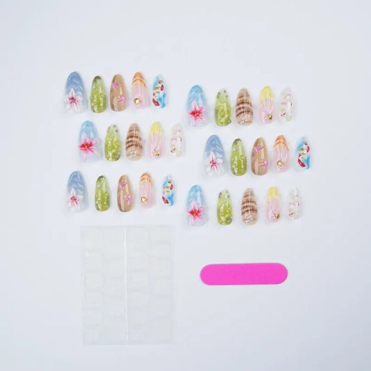 24PCS Summer Colrful Almond Press on Nails 3D Pink Flowers Shell Blue Ocean French Fake Nails with Seastar Pearl Designs Nails