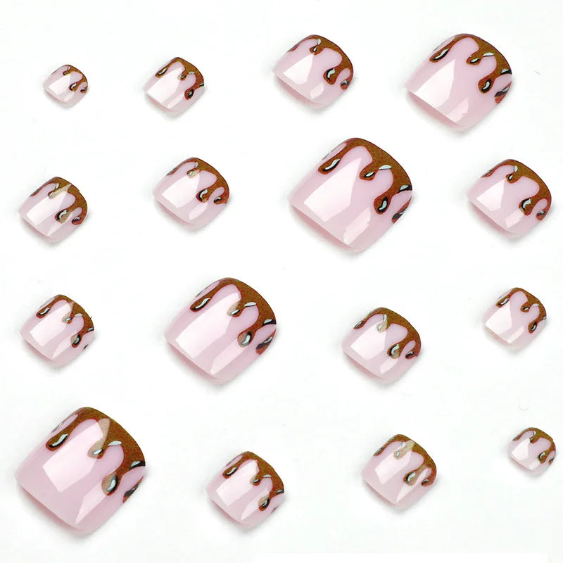 Flow Chocolate Design Artificial Toenails Glossy Fashion Toe Fake Nails with Glue Wearable Short Flat Shape Fake Toenails