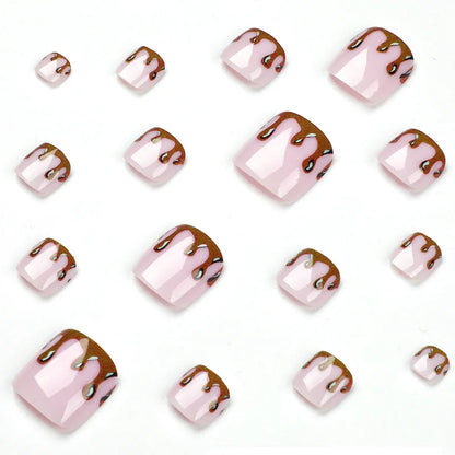 Flow Chocolate Design Artificial Toenails Glossy Fashion Toe Fake Nails with Glue Wearable Short Flat Shape Fake Toenails