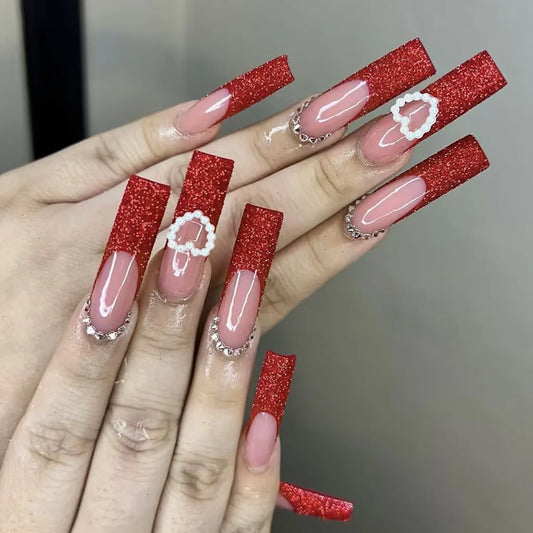 24pcs Glitter Red Nails Sets Press on French Long Square Fake Nails Tips with Pearl Rhinestone False Nail Art Reusable Manicure