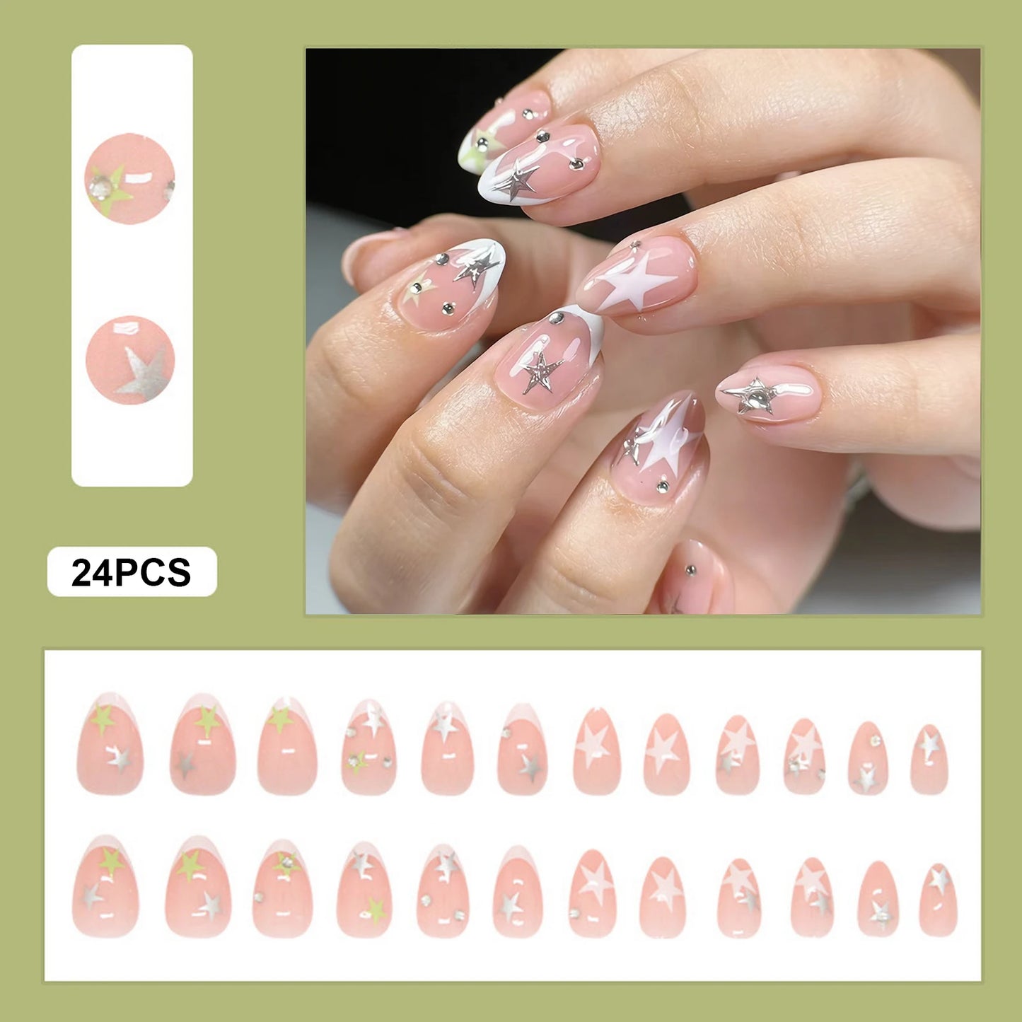 Y2K Girls Almond Fake Nails 24Pcs French Press On Nails Red/White Five-ponited Star/Polka Dot Printed Summer DIY Manicure