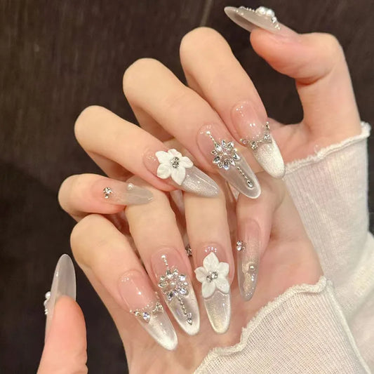 24pcs Wearable Fashion Almond Press on Nails Cat's Eye French Diamond Flower Design Stick on False Nail Tips Long Oval Fake Nail
