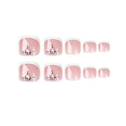 Simple White French Artificial Toenails Shiny Rhinestones Toe False Nails with Glue Wearable Short Flat Shape Fake Toenails