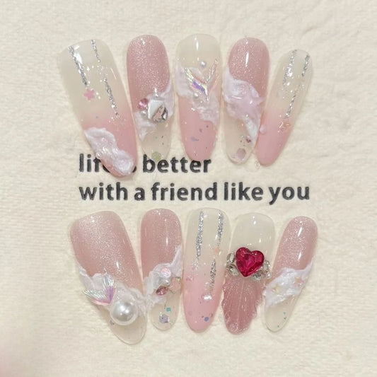10Pcs Long Oval Gentle Pink Fishtail Cat Eye Fake Nail Detachable Light Luxury Almond Nail Set Heart-shaped Diamond Fashion Nail