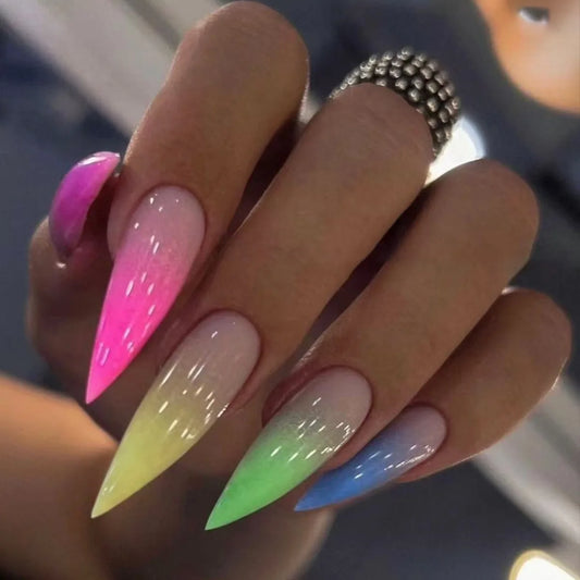 Spicy Girl's Cool Y2k False Nails Rainbow Gradient Long Pointed Artificial Nails Press On Nails Stiletto French Tip Fake Nails