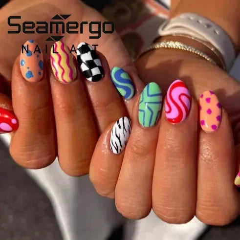 24PCS Retro Colorful Checkered Patterns Dopamine Press on Nail with Glue French Fake Nails for Spice Girls Almond False Nail Art