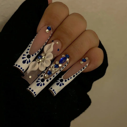 24Pcs Long Square Head French Fake Nails Rhinestone Reusable Press on False Nails with 3D Flower Butterfly Full Cover Nails Tips
