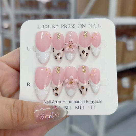 10pcs high-end Exquisite and sweet style, hand-painted leopard print, three-dimensional flowers, and sparkling dot diamonds hand