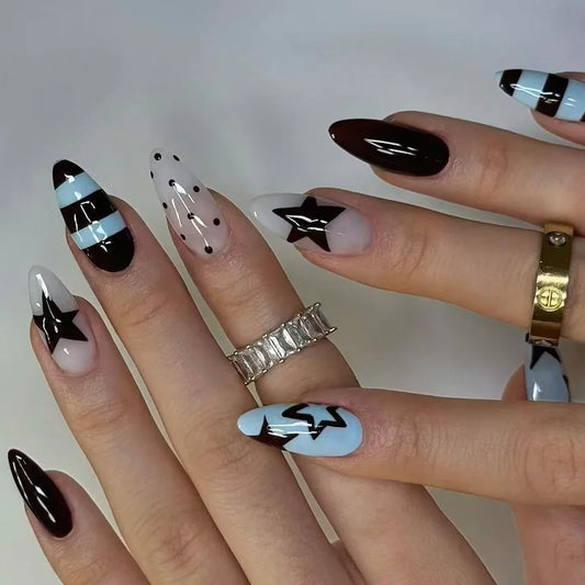 24pcs Y2k Sweet Cool Manicure Blue Black Stripes Five-pointed Star Wave Point Press On Nails Glossy Almond Spicy Girl False Nail