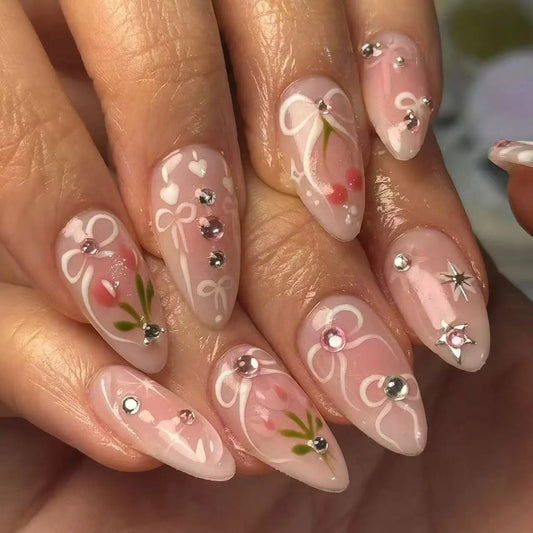 24Pcs Amber Rose Smudge Fake Nails Rabbit Butterfly Design Press on False Nails Mid-length Almond Reusable Full Cover Nails Tips