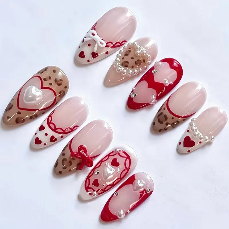 24Pcs Mid-length Almond Press on Fake Nails with Insect Flower Button Design Full Cover Nails Tips Reusable Finished False Nails