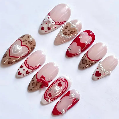 24Pcs Mid-length Almond Press on Fake Nails with Insect Flower Button Design Full Cover Nails Tips Reusable Finished False Nails
