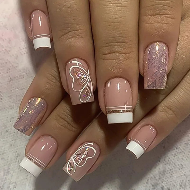 24pcs Press on Nails Short Almond Bowknot Black Press on Nails White Pearl Sweet French Tip Press on Nails Cute Nail Artificial