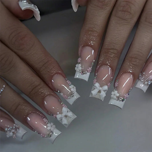 24pcs White French Fake Nails Sets Mid-length Ballet False Nail with Flower Rhinestone Design Press on Nails Art 3D Bow Manicure