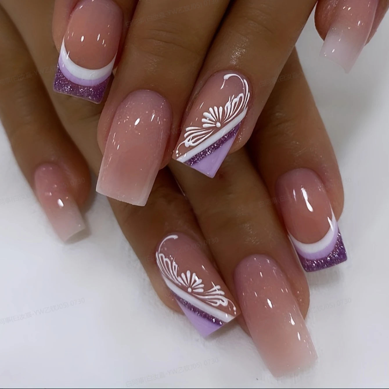24PCS French Medium Square Fake Nail White Purple French Pointed Acrylic Nail with Silver Shining White Printed Design