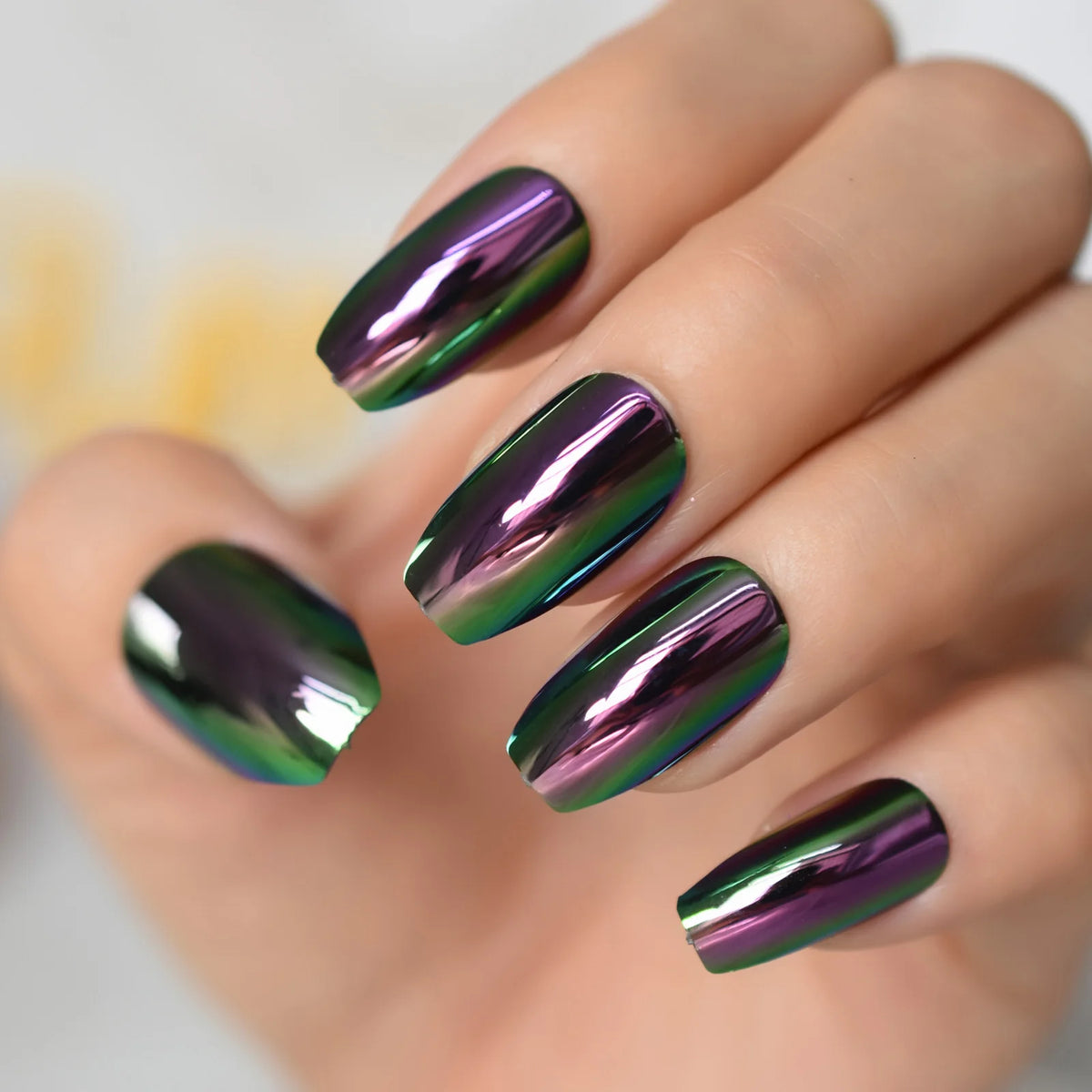 Short Midi Coffin Nails Chrome Mirror Fake Nails Set Metallic Press On Nails Medium Length Bead Luster Shiny Rainbow Nail Tips