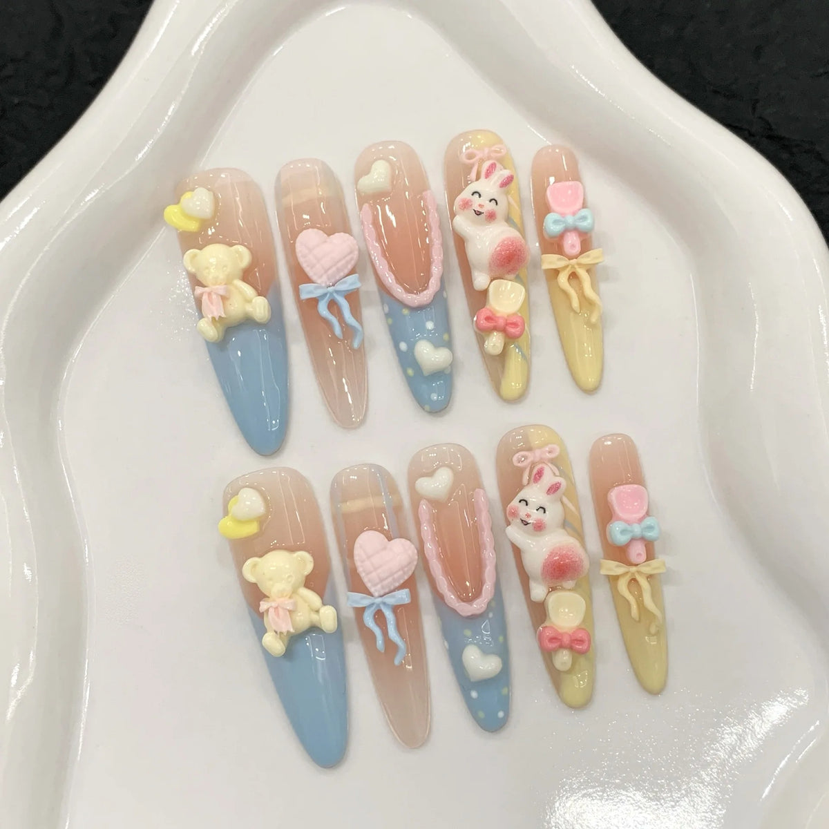10pcs Handmade Press On Nails Kawaii Yellow Bear Bowknots Star Decor Y2k Fake Nails Blush Almond French Tips Ballet False Nail