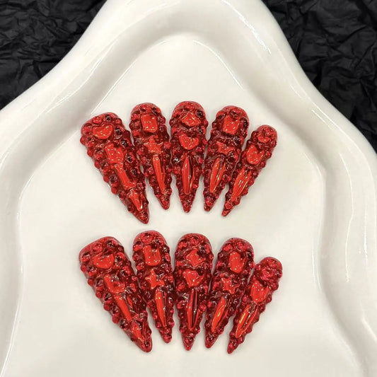 10pcs high-end Light luxury red long style handmade fake nails, Red nail decoration patches for girls