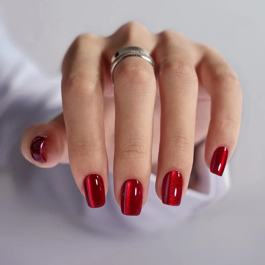 10pcs French-Press Red Cat'S Eye Square False Nails Reusable Acrylic Nails Full Coverage Acrylic False Nails For Daily Wear