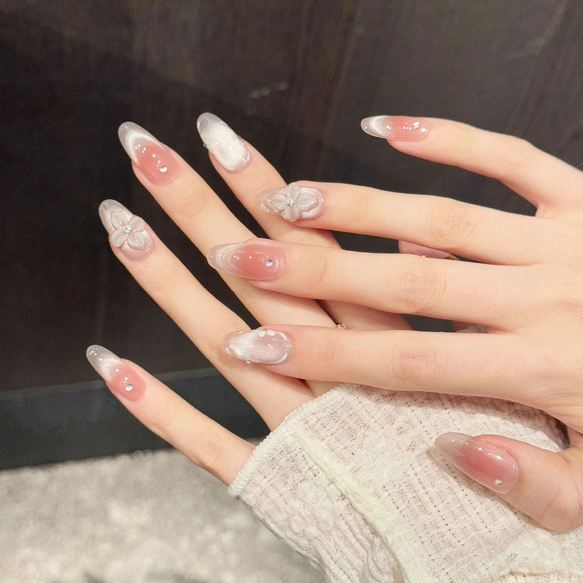 10pcs Handmade Press On Nails Ice Transparent French Style Blush Cat's Eye False Nails 3D Relief Flower Decor Sweet Fake Nail