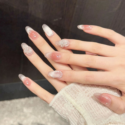 10pcs Handmade Press On Nails Ice Transparent French Style Blush Cat's Eye False Nails 3D Relief Flower Decor Sweet Fake Nail