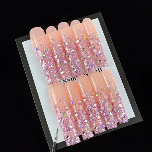 10pcs high-end Style and luxury version, hand-painted pink cat eyes, dazzling with full diamonds handmade fake nails