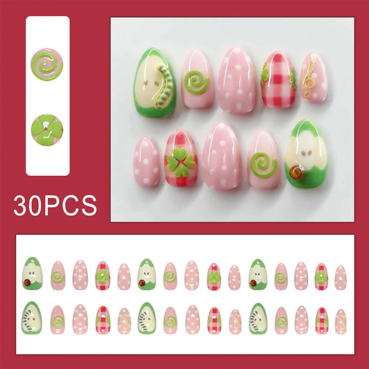 30pcs Music Orchard Series False Nails Cute Little Bug Music Notes Designs Pink Green Almond Press On Nail Polka Dot Fake Nail