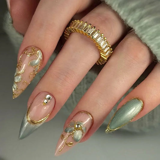 24Pcs 3D Gilded Flower Fake Nails Press on Green French Rhinestone Full Cover Nails Tips Mid-length Almond Reusable False Nails