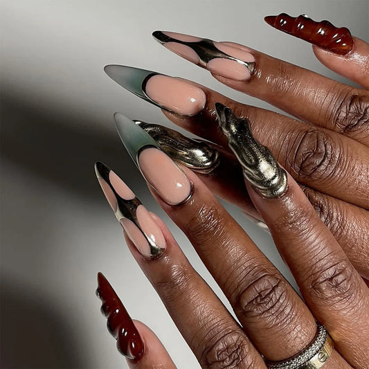 24Pcs Red Smudge False Nails Silver Heart Irregular with Design Press on Fake Nails Long Stiletto Wearable Full Cover Nails Tips