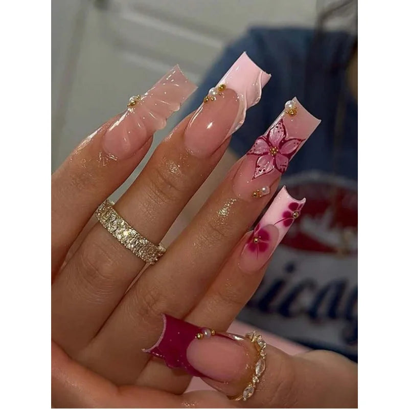 24pcs/Set Y2K French Medium Length Nail Tips, Sweet 3D Pink Flower & Wavy Design With Golden Beads Accent, Press-On Artificial