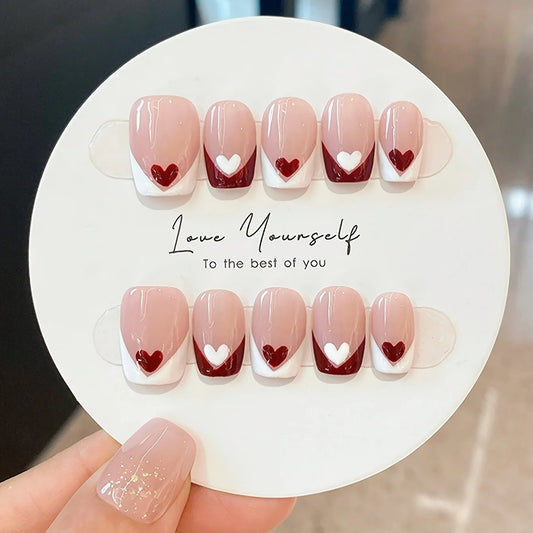 10pcs French Red White Heart False Nails Artificial Acrylic Nail Art Fake Nails Full Coverage Removable Press On Nails Tips