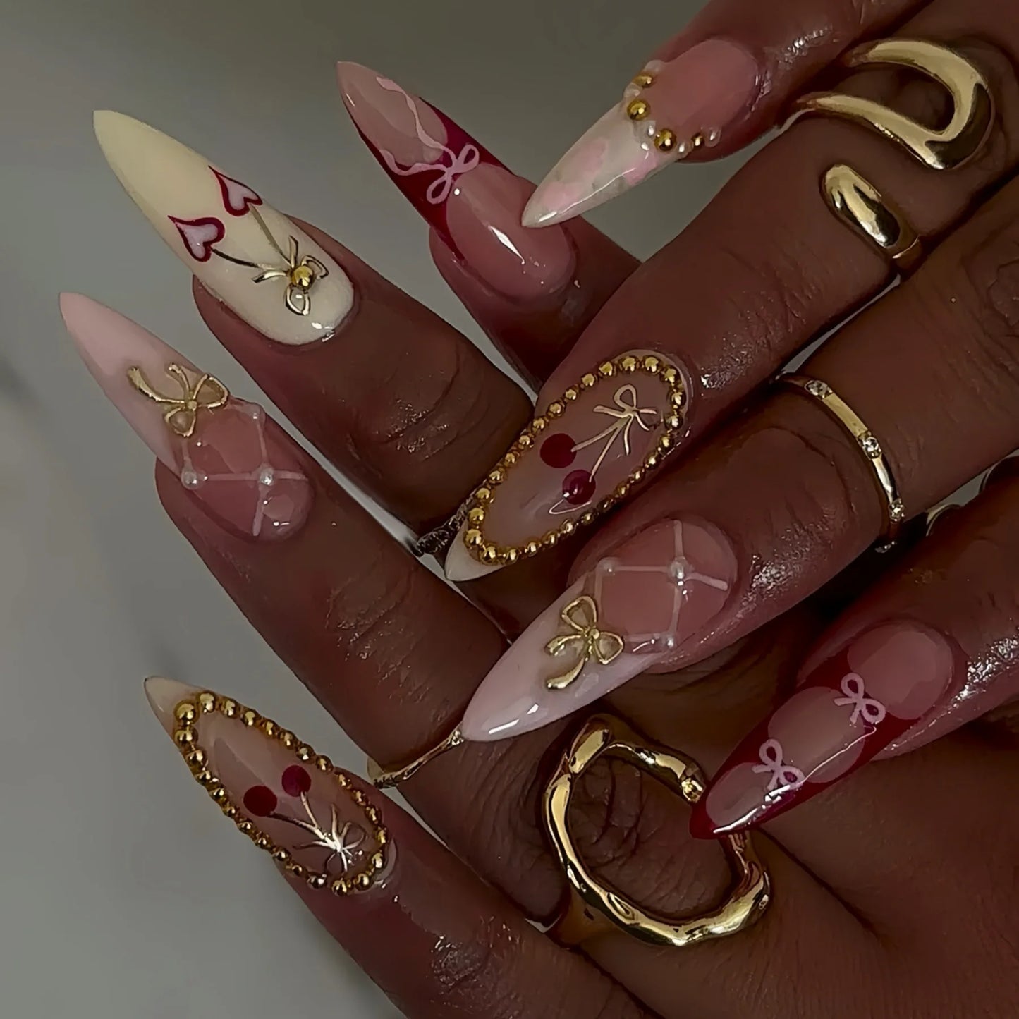 24pcs Long Almond Press on Nails Gold Bow Fake Nails Cherry Pattern False Nail Artificial Tips Накладные Ногти Uñas Postizas 네일팁