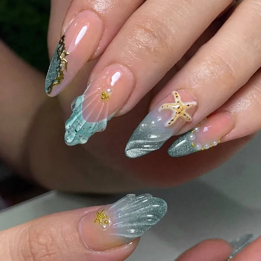 24Pcs 3D Butterfly Flower Pearl Press on Nails Mid-length Almond Cat's Eye Fake Nail Full Cover French Wearable False Nails Tips