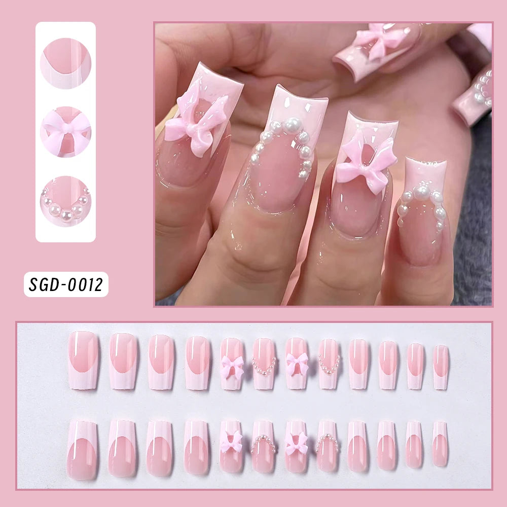24pcs Flower French Fake Nails Pink Mid-length Square Finished False Nail 3D Jelly Hibiscus Design Gradient Press on Nails Tips#