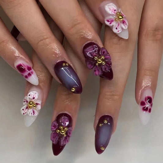 24Pcs Mid-length Almond False Nails Press on 3D Flower Design Full Cover Nails Tips Art for Woman Datachable Finished Fake Nails