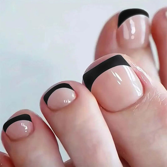 48PCS- French Style Pointed Nail With Toenail, Short Square Smooth Surface, Nude Fake Nail, Black French Design, Acrylic Nail