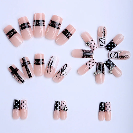 Y2K Gothic Dark Style 24Pcs Mid-Length Coffin Press On Nails With Polka Dot French Tips Metal Bow Heart Decor DIY Fake Nails